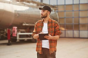 Employee holding a tablet outside a work yard, reviewing his hours for unpaid overtime